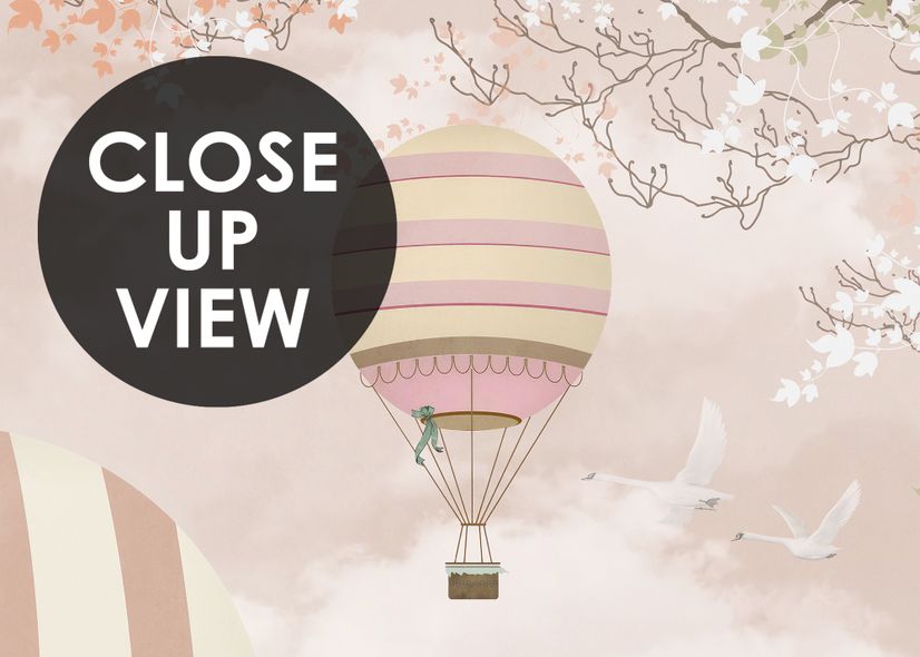 Kids Pink Hot Air Balloon and Cherry Blossom Wallpaper Mural
