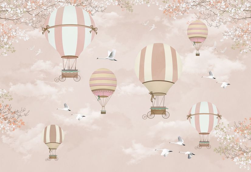 Kids Pink Hot Air Balloon and Cherry Blossom Wallpaper Mural