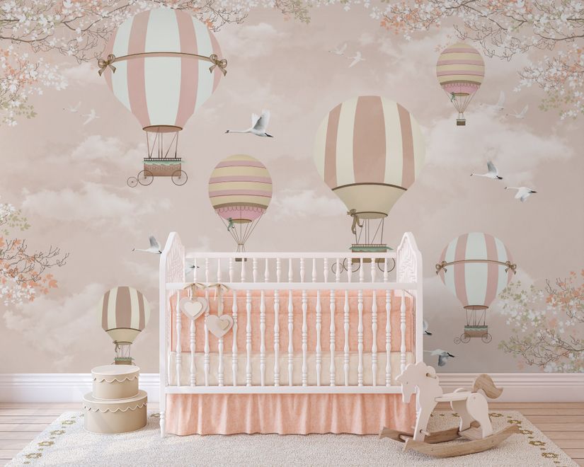 Kids Pink Hot Air Balloon and Cherry Blossom Wallpaper Mural