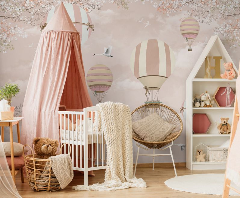 Kids Pink Hot Air Balloon and Cherry Blossom Wallpaper Mural