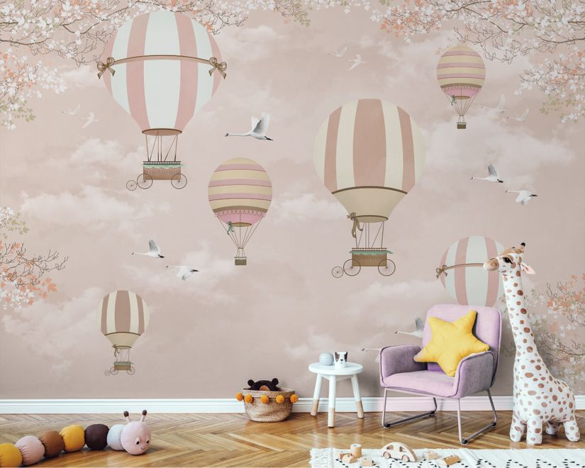 Kids Pink Hot Air Balloon and Cherry Blossom Wallpaper Mural