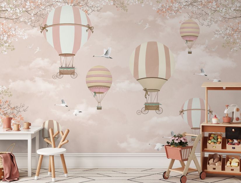 Kids Pink Hot Air Balloon and Cherry Blossom Wallpaper Mural