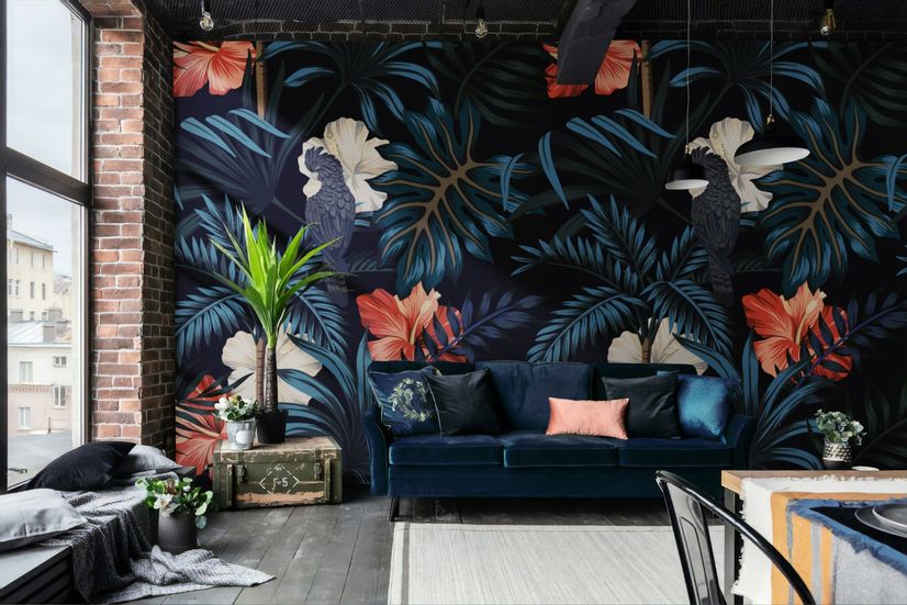 Exotic Leaves with Birds Wallpaper Mural