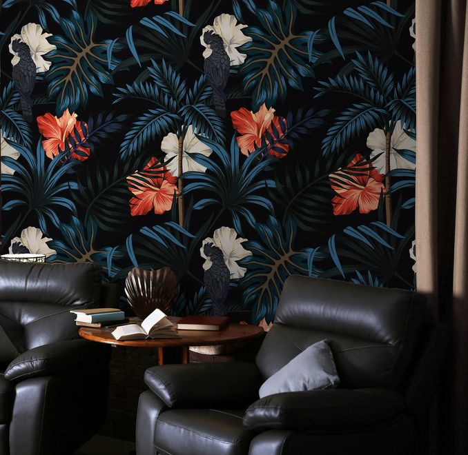 Exotic Leaves with Birds Wallpaper Mural
