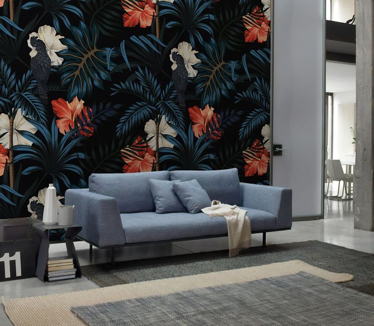 Exotic Leaves with Birds Wallpaper Mural