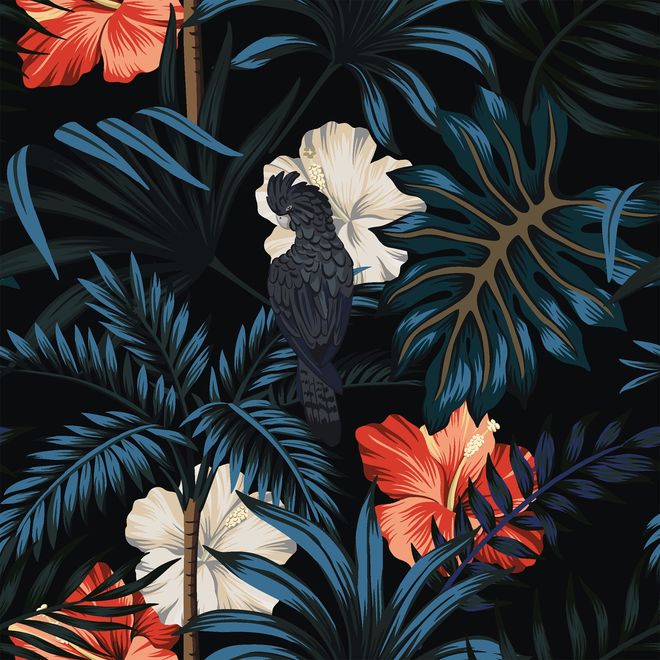 Exotic Leaves with Birds Wallpaper Mural