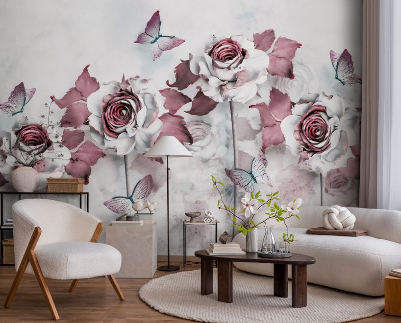 Elegant Floral with Little Butterfly Wallpaper Mural