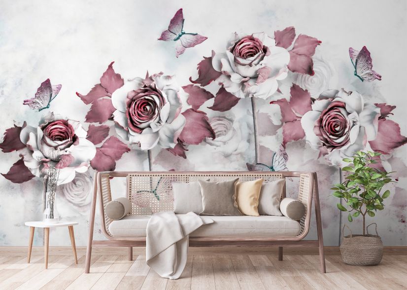 Elegant Floral with Little Butterfly Wallpaper Mural