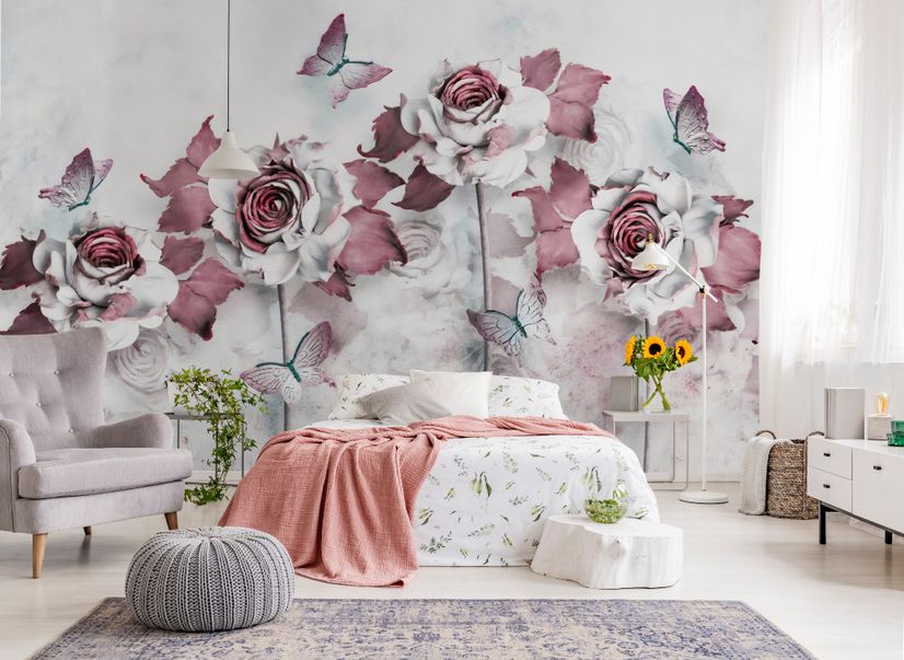 Elegant Floral with Little Butterfly Wallpaper Mural