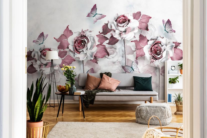 Elegant Floral with Little Butterfly Wallpaper Mural