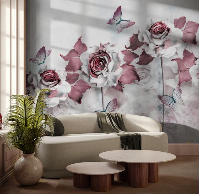 Elegant Floral with Little Butterfly Wallpaper Mural