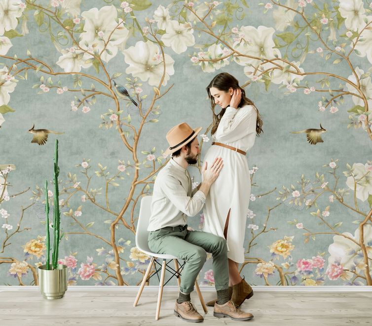 Soft Chinese White Florals with Birds Wallpaper Mural