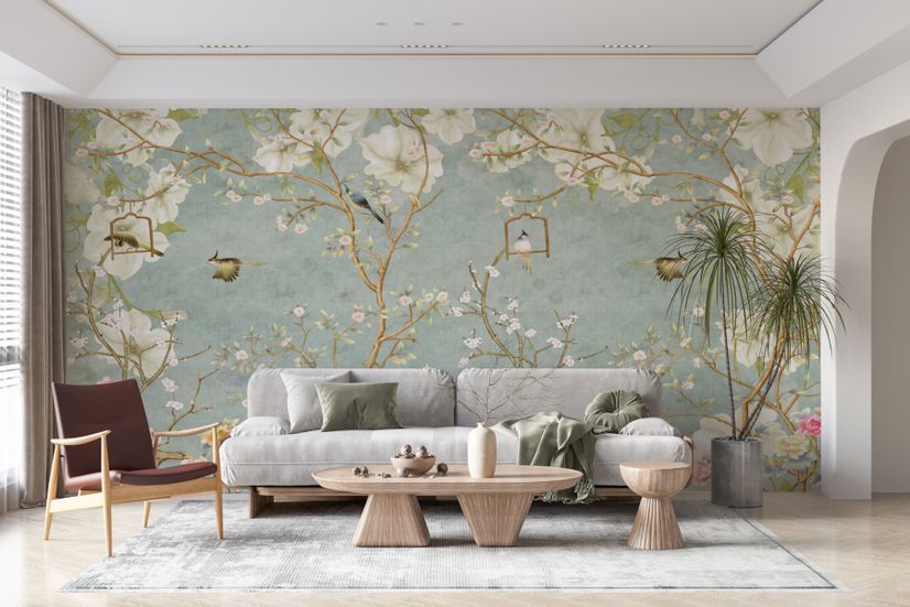 Soft Chinese White Florals with Birds Wallpaper Mural