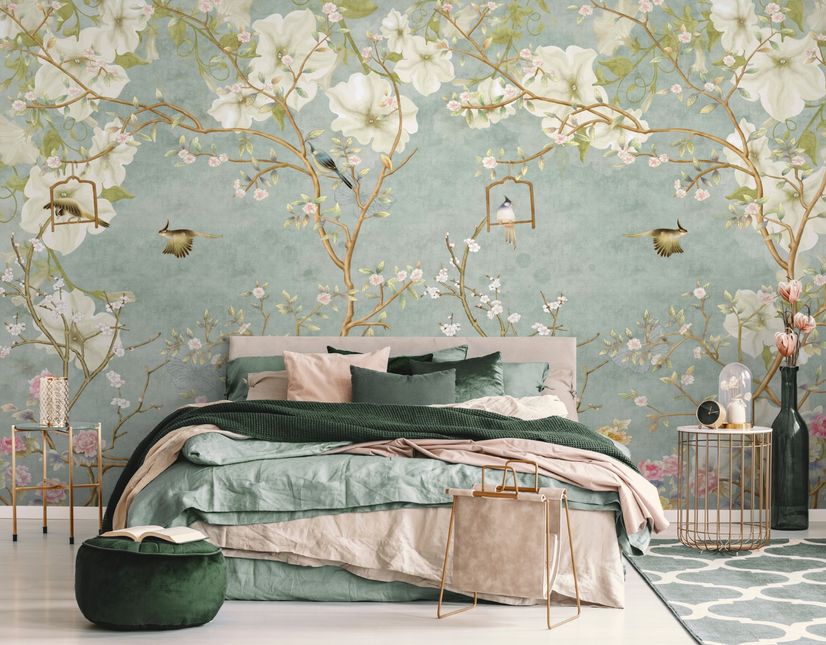 Soft Chinese White Florals with Birds Wallpaper Mural