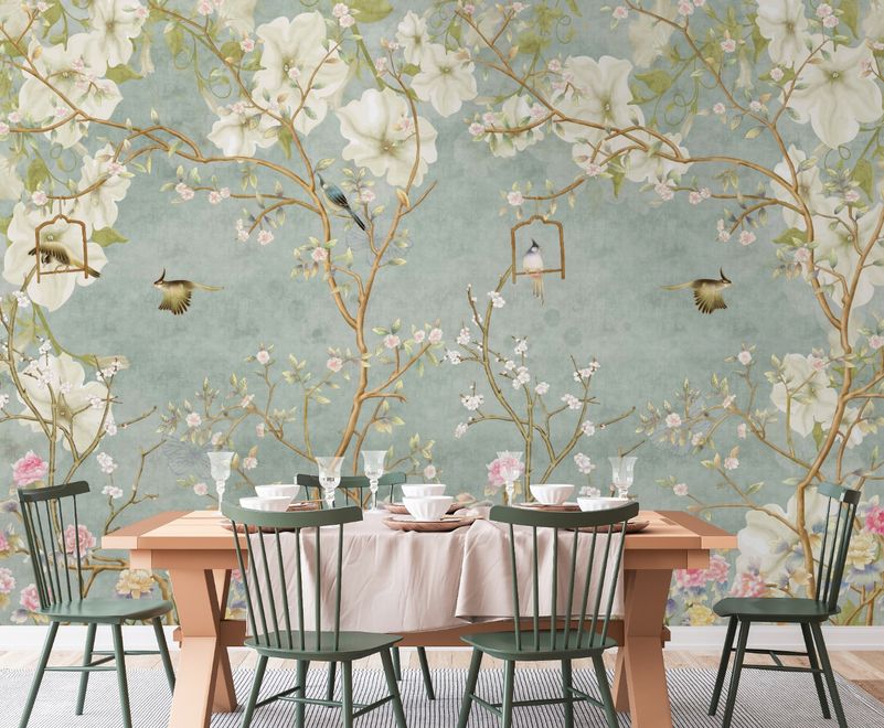 Soft Chinese White Florals with Birds Wallpaper Mural