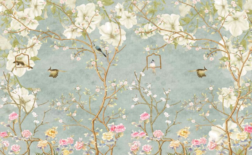 Soft Chinese White Florals with Birds Wallpaper Mural