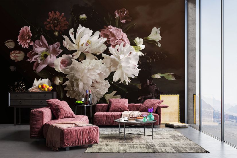 Dark Peony Floral Bouquet Wallpaper Mural