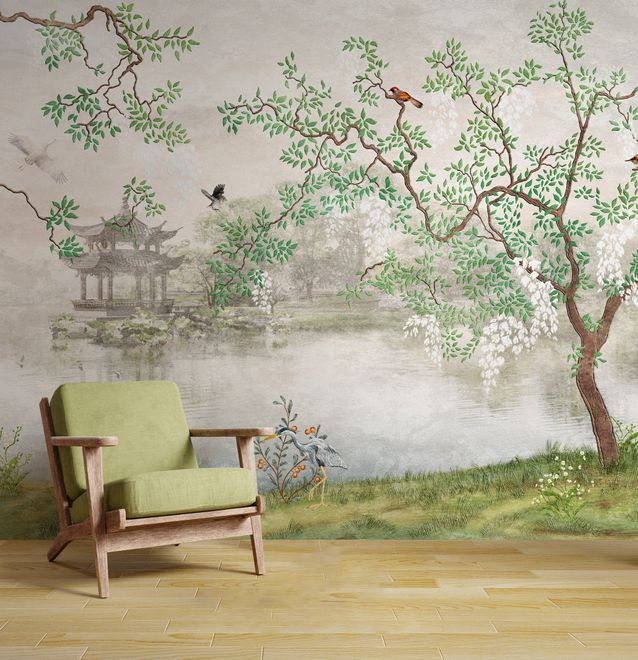 Misty Lake Landscape and Japanese Garden Wallpaper Mural