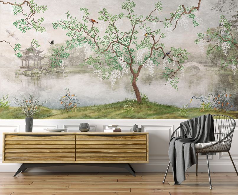 Misty Lake Landscape and Japanese Garden Wallpaper Mural