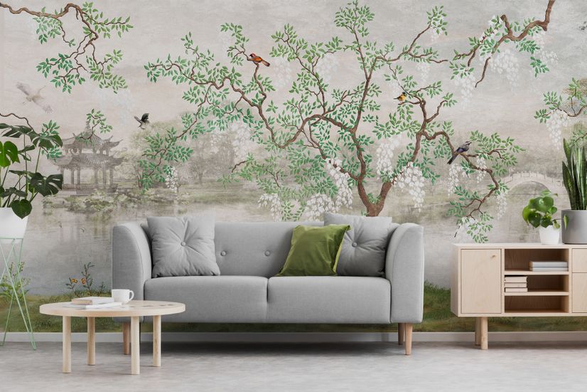 Misty Lake Landscape and Japanese Garden Wallpaper Mural