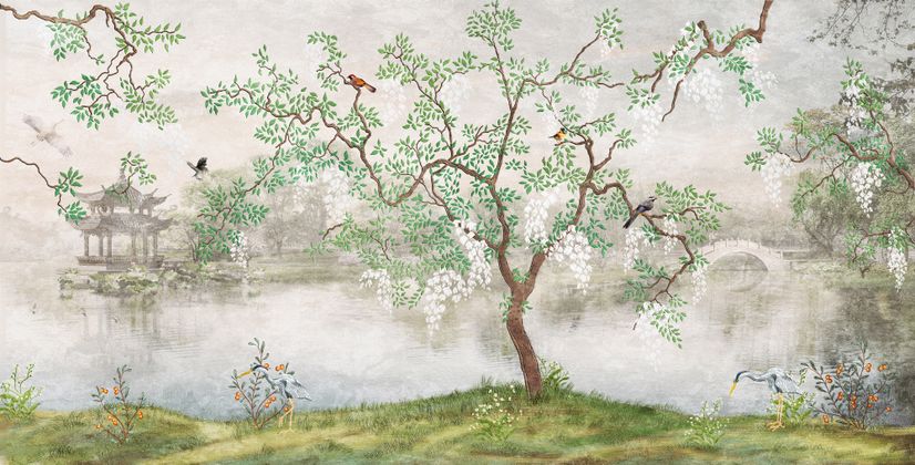 Misty Lake Landscape and Japanese Garden Wallpaper Mural