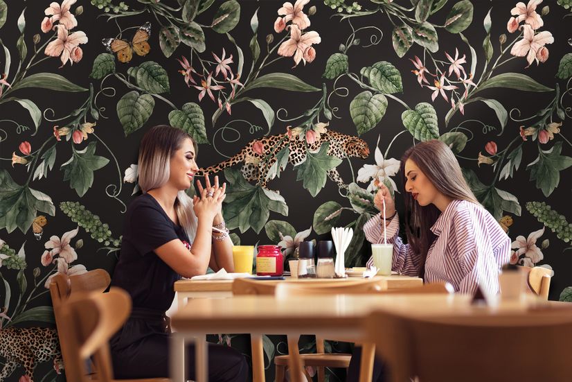 Watercolor Dark Tropical Art with Leopard Wallpaper Mural