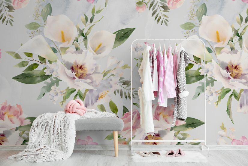 Watercolor White Pink Floral Bouquet Wallpaper Mural