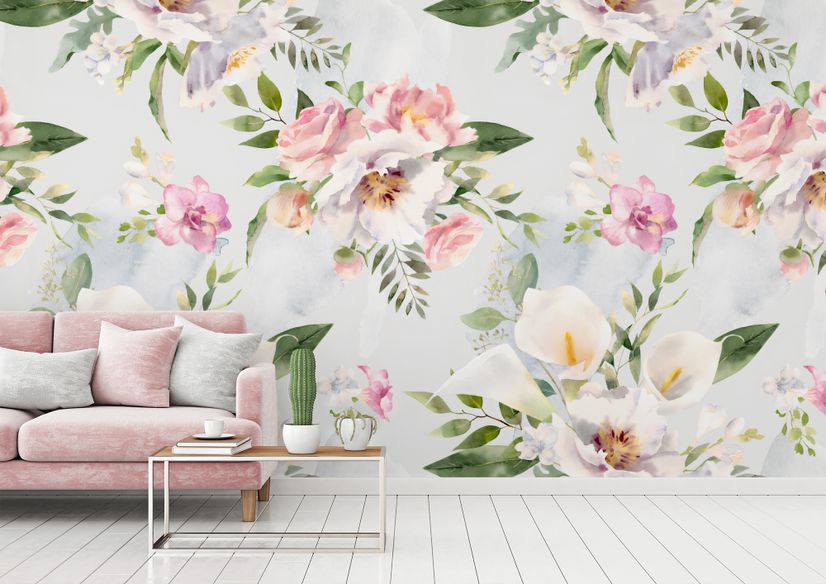 Watercolor White Pink Floral Bouquet Wallpaper Mural