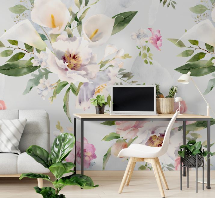 Watercolor White Pink Floral Bouquet Wallpaper Mural
