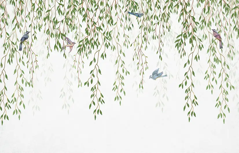 Green Hanging Leaves with Colorful Birds Wallpaper Mural