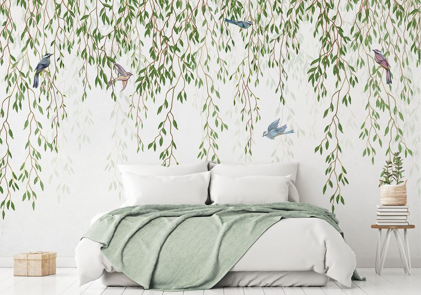 Green Hanging Leaves with Colorful Birds Wallpaper Mural
