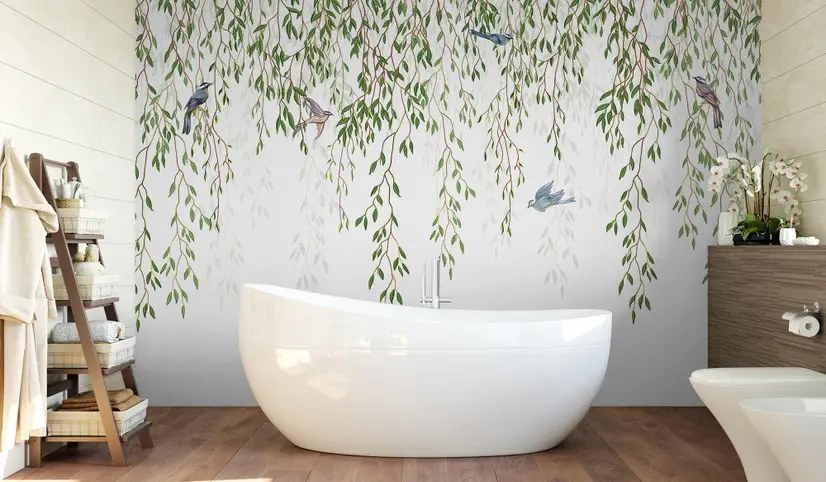 Green Hanging Leaves with Colorful Birds Wallpaper Mural