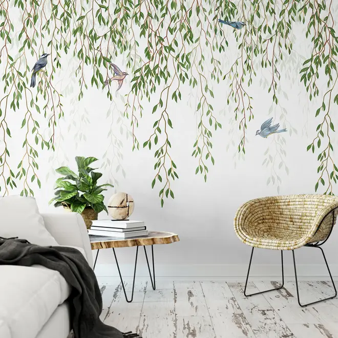 Green Hanging Leaves with Colorful Birds Wallpaper Mural