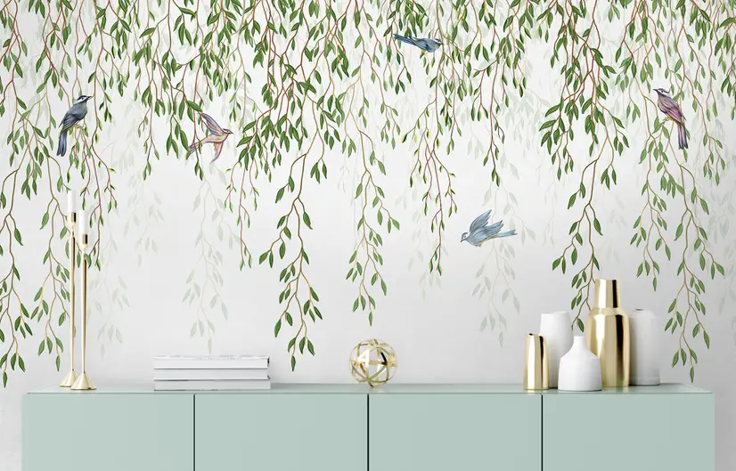 Green Hanging Leaves with Colorful Birds Wallpaper Mural