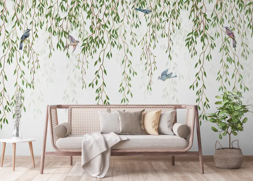 Green Hanging Leaves with Colorful Birds Wallpaper Mural
