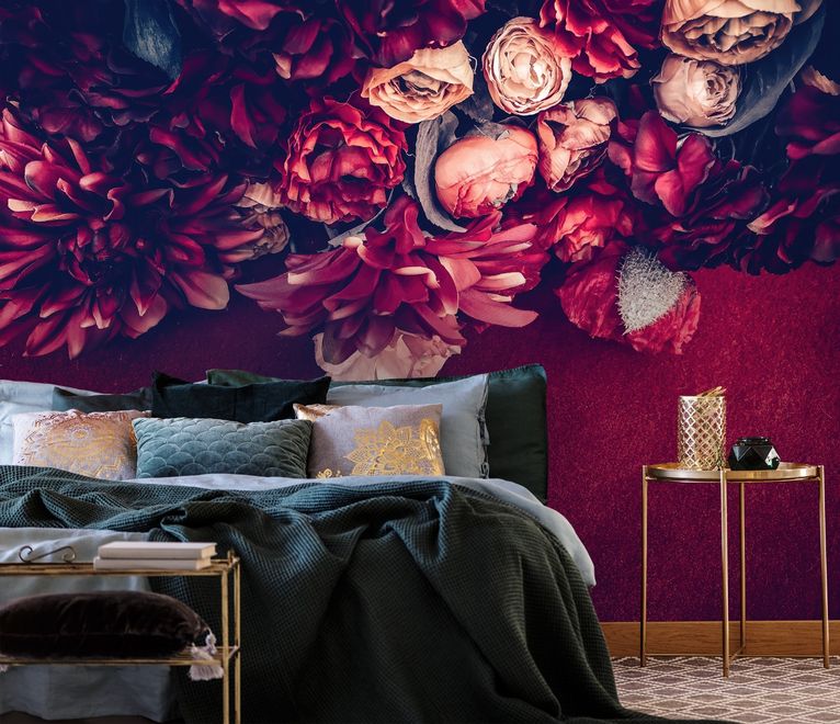 Red Dahlia Rose Floral Bouqet Wallpaper Mural