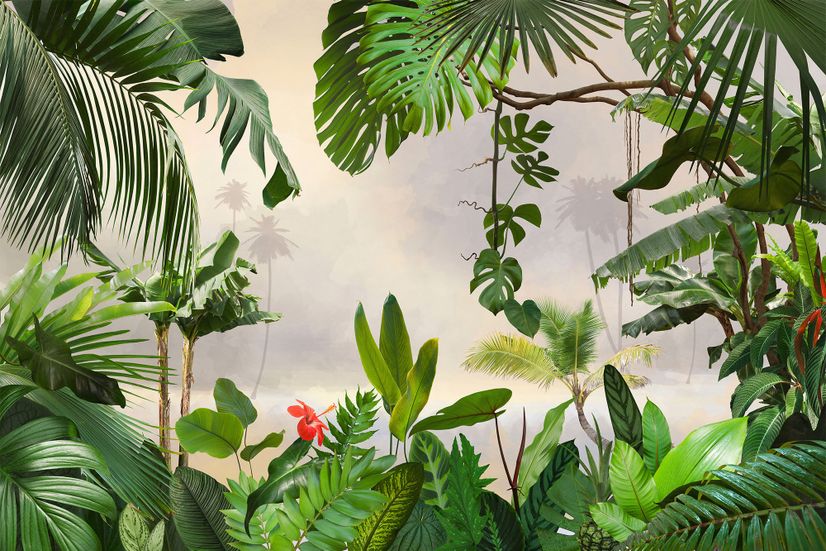 Realistic Tropical Jungle Plants Landscape Wallpaper Mural