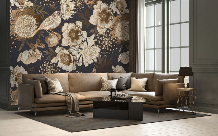 Peony Flowers with Bird Wallpaper Mural