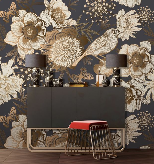 Peony Flowers with Bird Wallpaper Mural