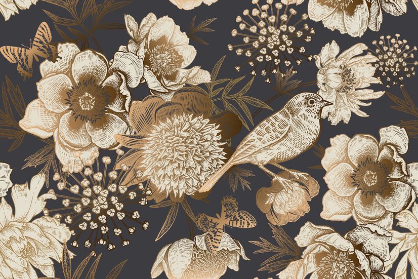 Peony Flowers with Bird Wallpaper Mural
