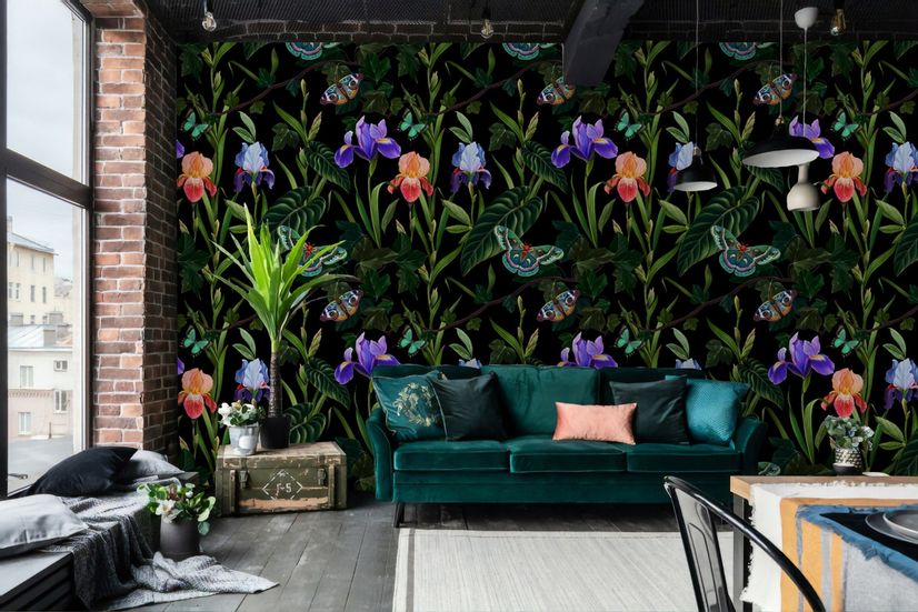 Dark Purple Flowers with Butterflies Wallpaper Mural