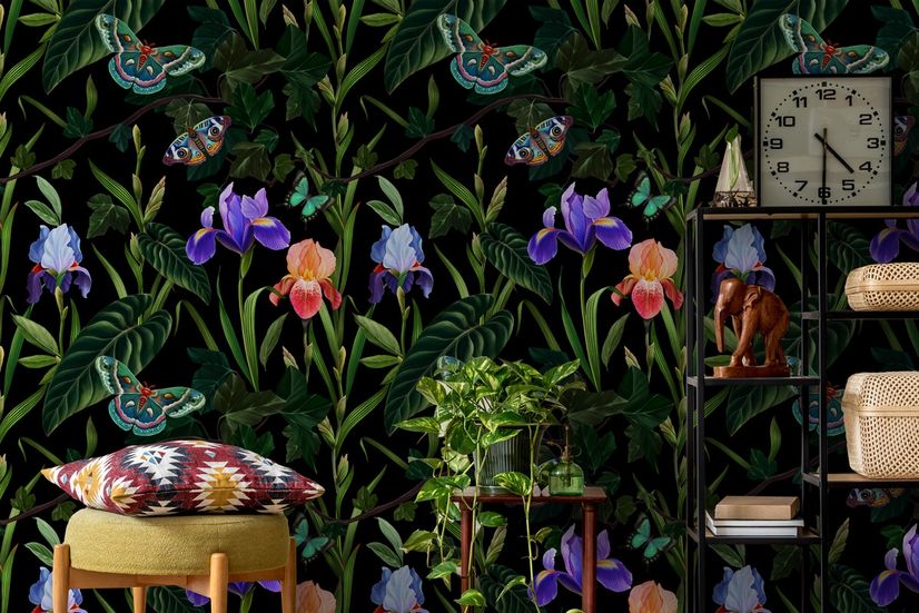 Dark Purple Flowers with Butterflies Wallpaper Mural