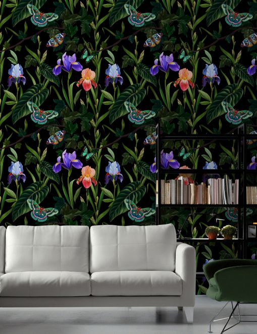 Dark Purple Flowers with Butterflies Wallpaper Mural