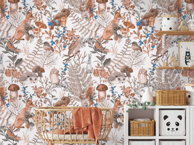 Watercolor Cute Kids Forest Animals in Forest Wallpaper Mural
