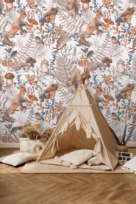 Watercolor Cute Kids Forest Animals in Forest Wallpaper Mural