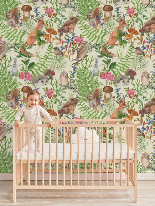 Watercolor Cute Kids Forest Animals in Forest Wallpaper Mural