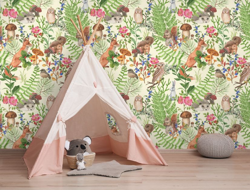 Watercolor Cute Kids Forest Animals in Forest Wallpaper Mural