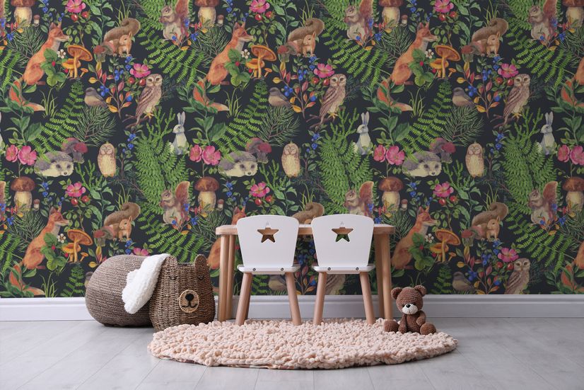 Watercolor Cute Kids Forest Animals in Forest Wallpaper Mural