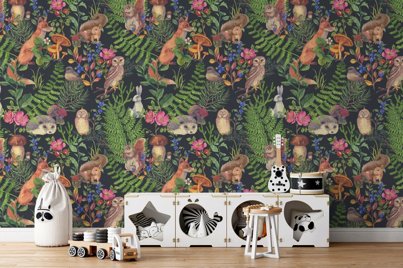 Watercolor Cute Kids Forest Animals in Forest Wallpaper Mural