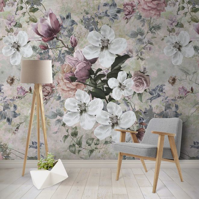 Watercolor Vintage Flower Wallpaper Mural